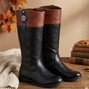 Tommy Hilfiger Riding Boots Black Tan Cognac Side Zip Womens Size 4